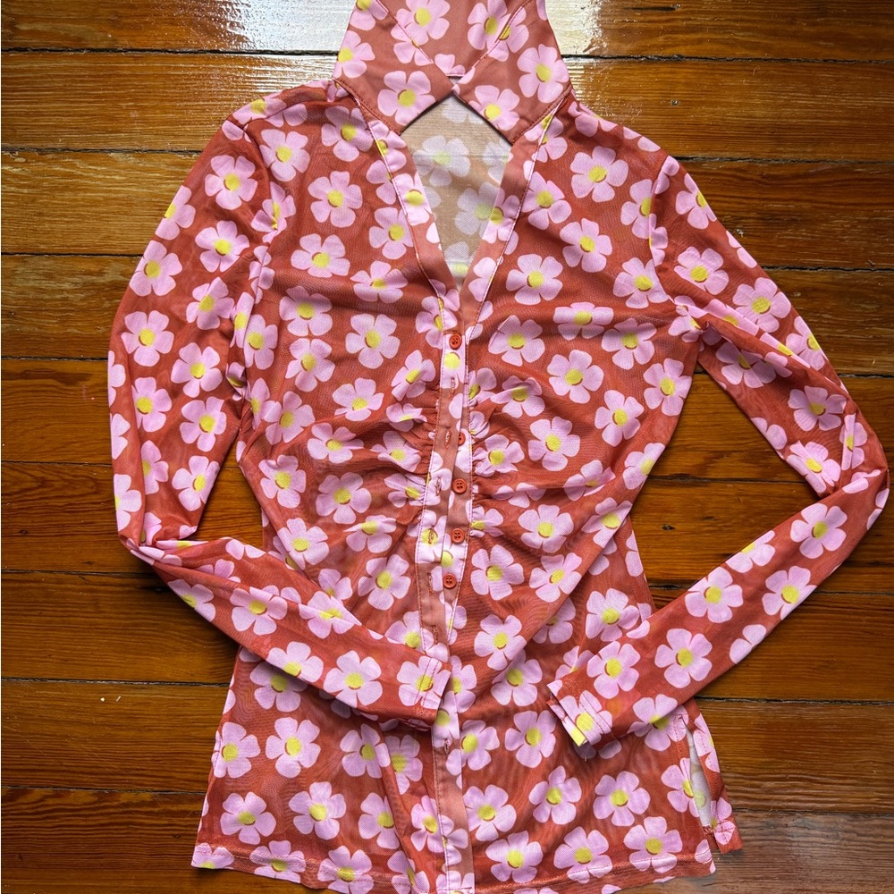 Mesh Floral Pink Ruched Button-Up Shirt